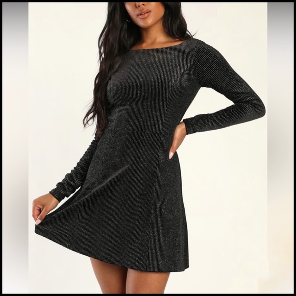 Lulus Dresses & Skirts - Lulus Sparkly Black and Silver Long Sleeve Cutout Dress S